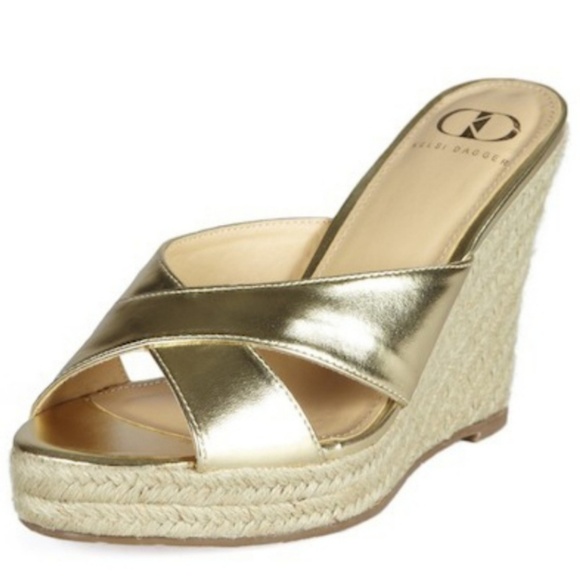 gold mule wedges